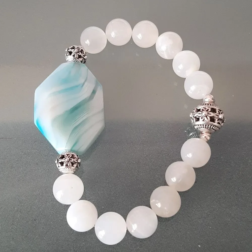 Luxury AAA Blue Botswana Agate & Moonstone Beaded Stretch Bracelet